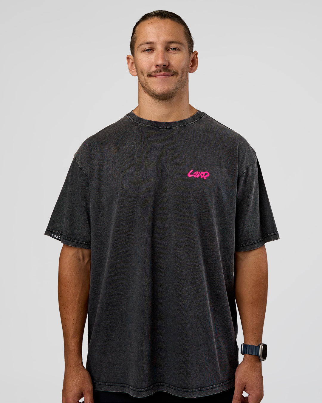 Man wearing Break Through FLXCotton Oversized Tee - Black-Plum Caspia | Model:Jaiden | Size:L - view 2