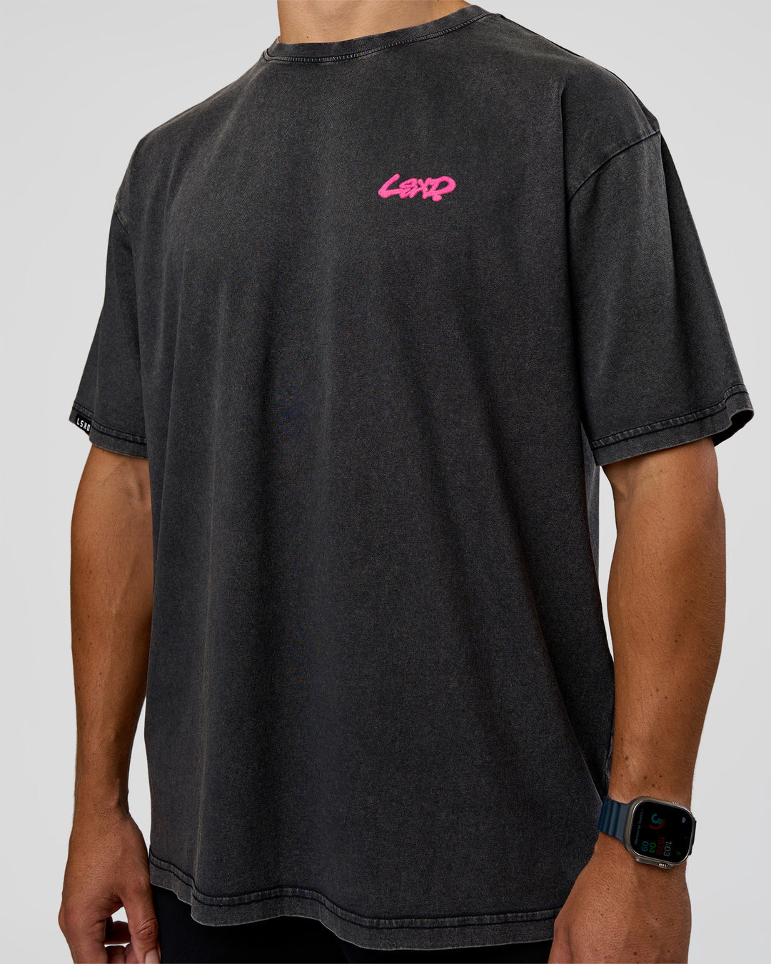 Man wearing Break Through FLXCotton Oversized Tee - Black-Plum Caspia | Model:Jaiden | Size:L - view 7