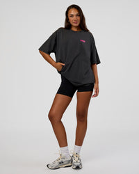 Woman wearing Break Through FLXCotton Oversized Tee - Black-Plum Caspia | Model:Kirstyn | Size:L | Thumbnail Index: 5