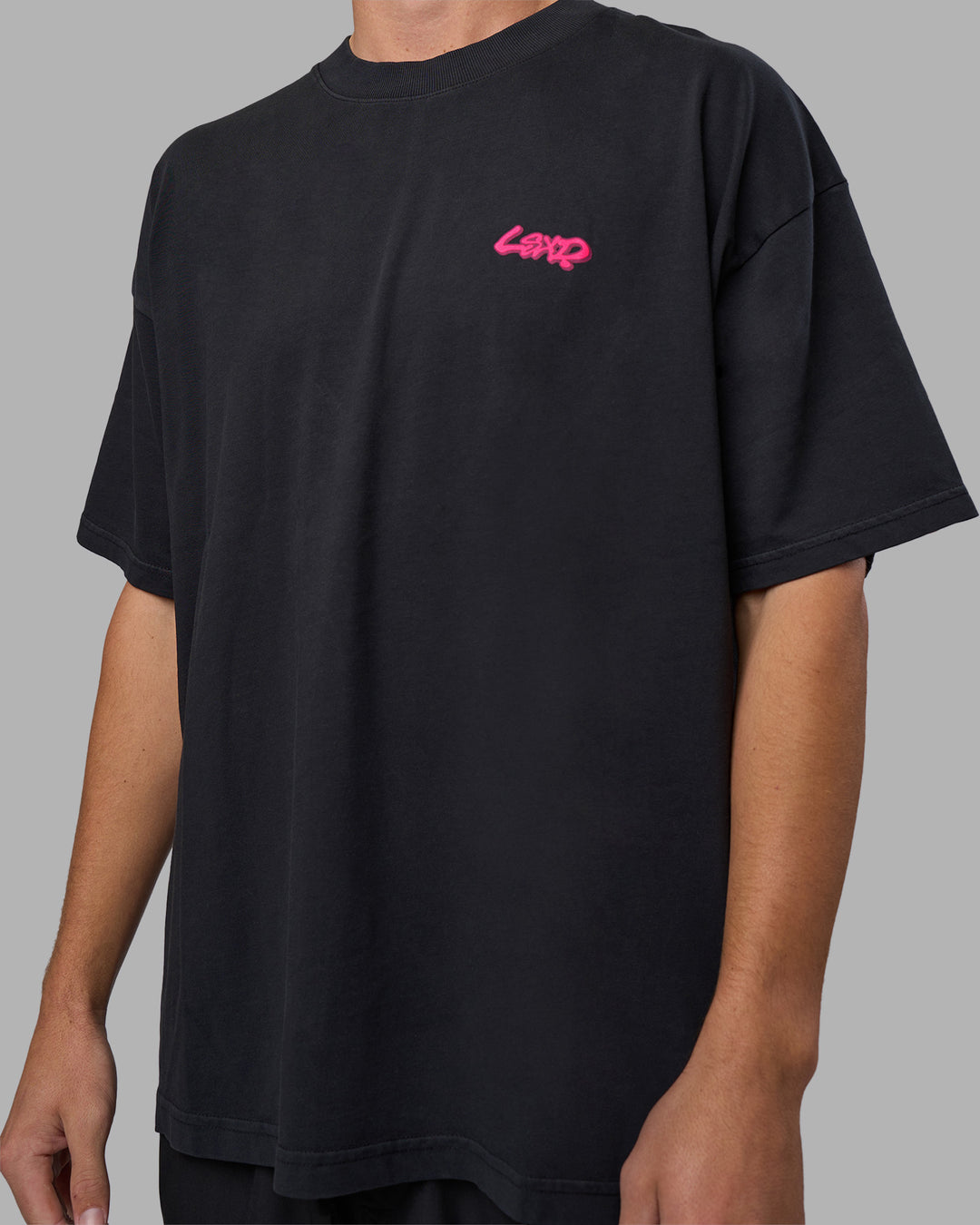 Man wearing Break Through Heavyweight Oversized Tee - Black Washed-Plum Caspia | Model:Brandon | Size:L - view 7