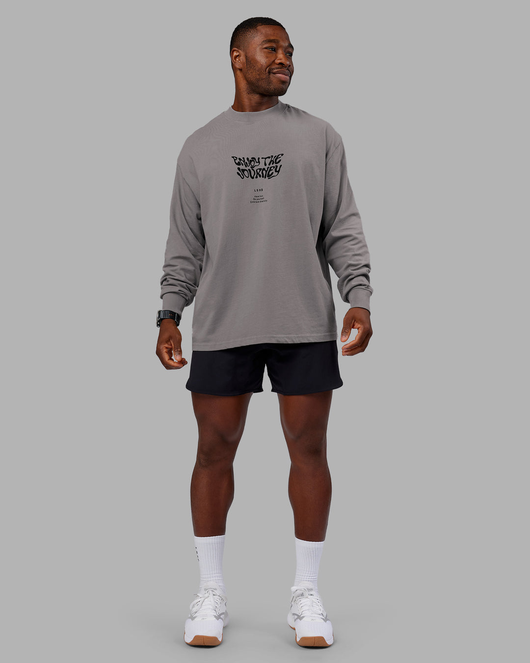 Man wearing Chrome Washed Heavyweight Oversized Long Sleeve Tee - Circular Grey-Black | Model:Sam | Size:L - view 2