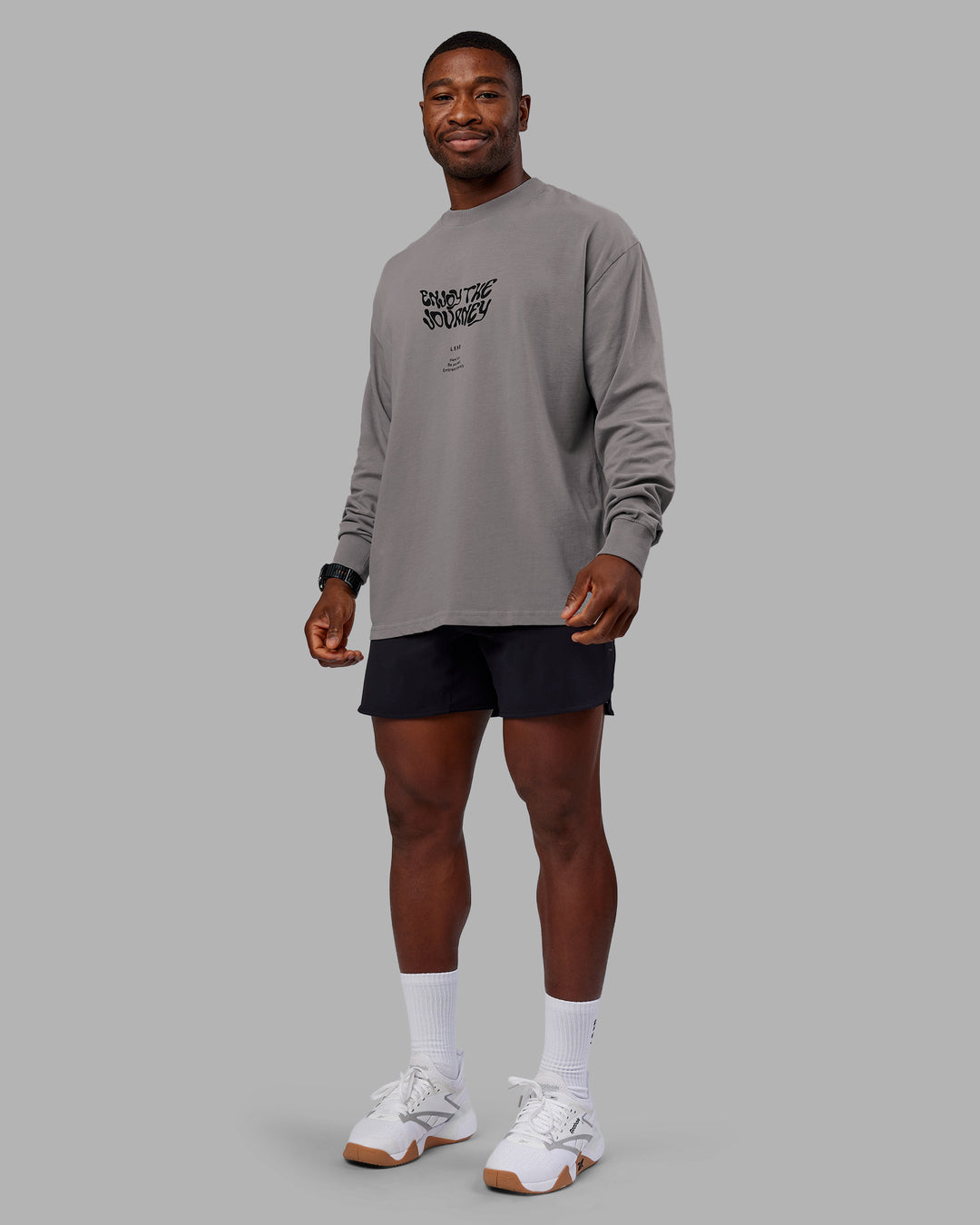 Man wearing Chrome Washed Heavyweight Oversized Long Sleeve Tee - Circular Grey-Black | Model:Sam | Size:L - view 5