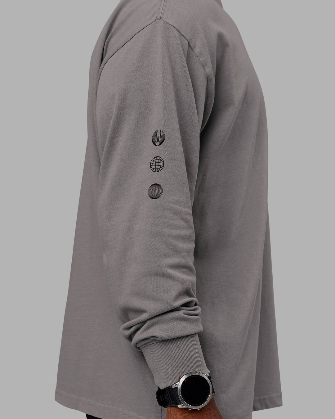 Man wearing Chrome Washed Heavyweight Oversized Long Sleeve Tee - Circular Grey-Black | Model:Sam | Size:L - view 3