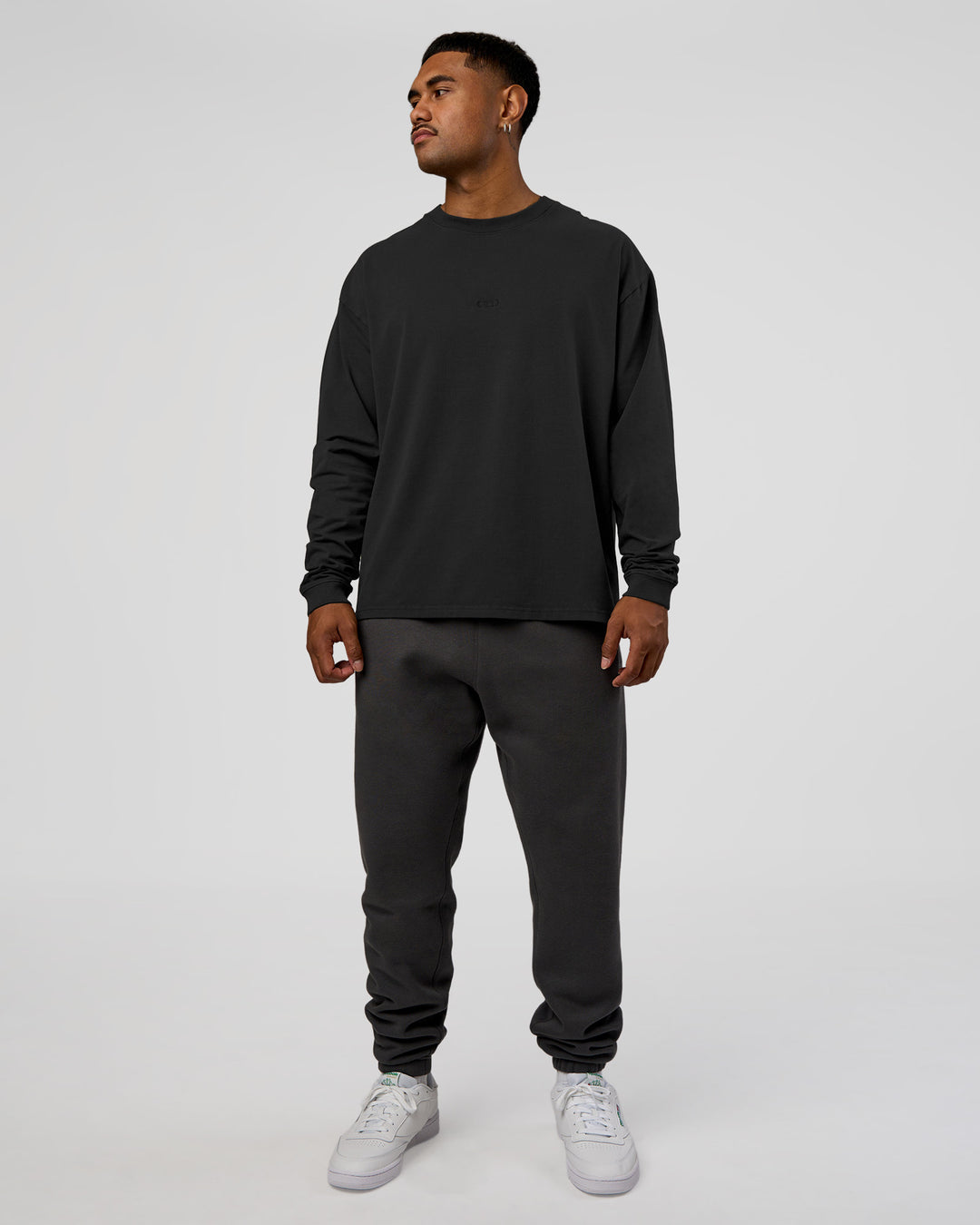 Man wearing Classic Heavyweight FLXCotton Oversized Long Sleeve Tee - Washed Black-Black | Model:Xav | Size:L - view 5