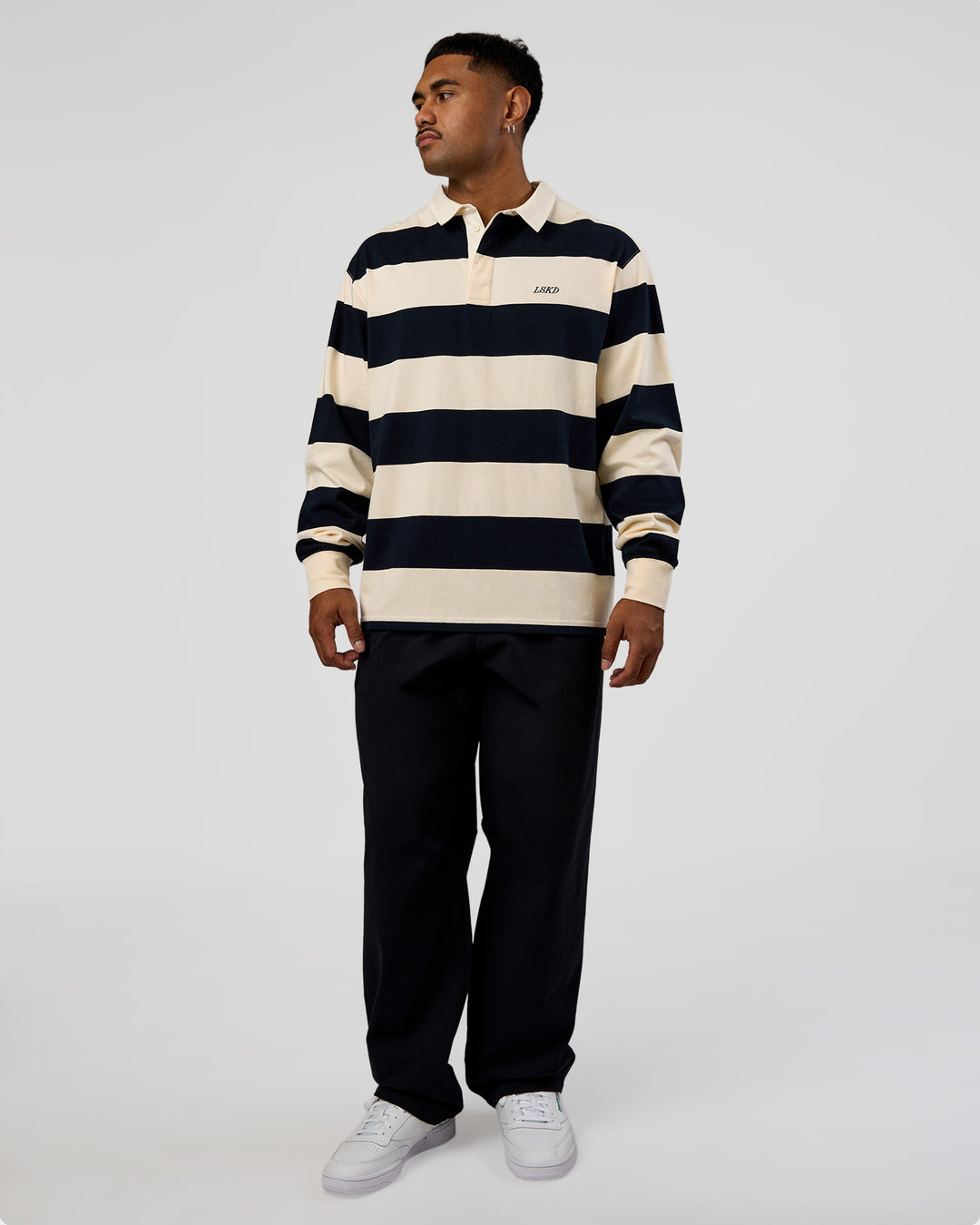 Man wearing Clubhouse Unisex Rugby Polo - Future Navy-Off White | Model:Xav | Size:L - view 3