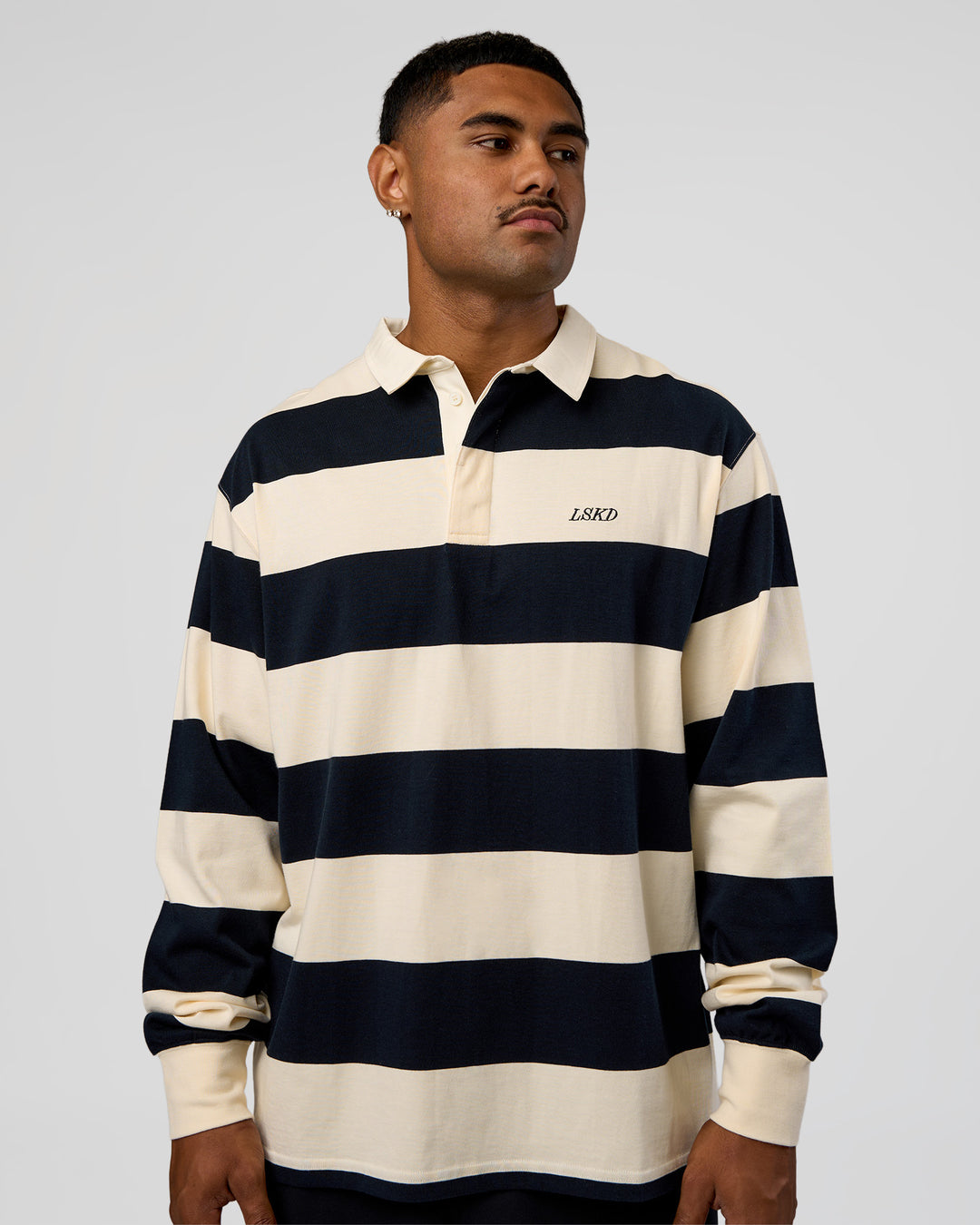 Man wearing Clubhouse Unisex Rugby Polo - Future Navy-Off White | Model:Xav | Size:L - view 6