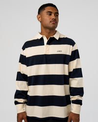 Man wearing Clubhouse Unisex Rugby Polo - Future Navy-Off White | Model:Xav | Size:L | Thumbnail Index: 5