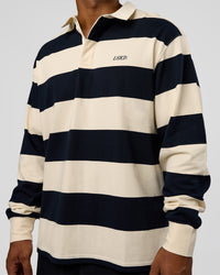 Man wearing Clubhouse Unisex Rugby Polo - Future Navy-Off White | Model:Xav | Size:L | Thumbnail Index: 14