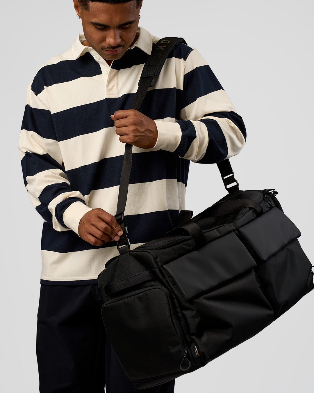 Man wearing Clubhouse Unisex Rugby Polo - Future Navy-Off White | Model:Xav | Size:L - view 11