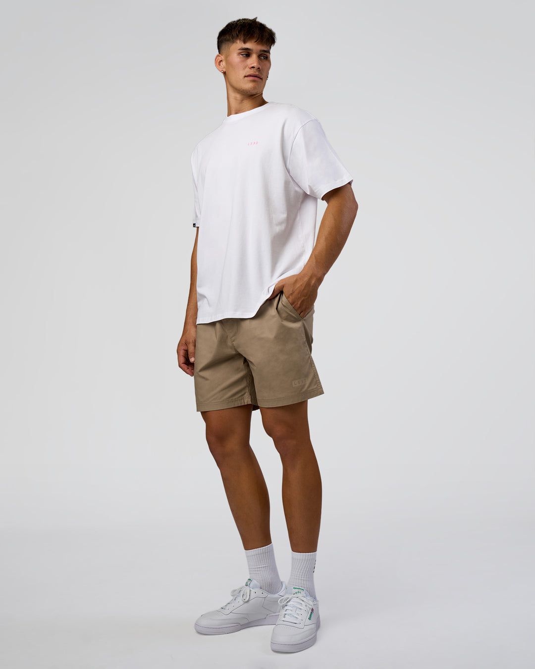 Man wearing Dare To Think FLXCotton Tee Oversize - White-Candy Pink | Model:Jackson | Size:L - view 6