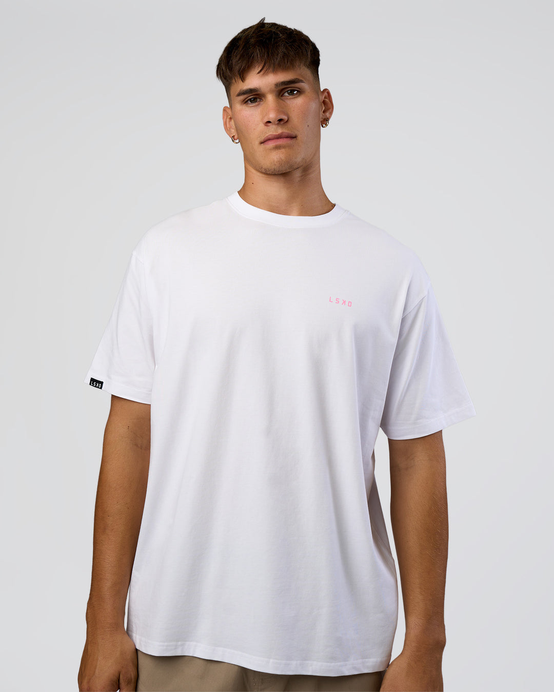 Man wearing Dare To Think FLXCotton Tee Oversize - White-Candy Pink | Model:Jackson | Size:L - view 3