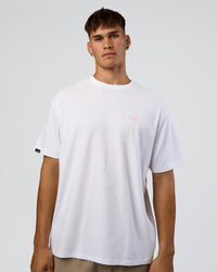Man wearing Dare To Think FLXCotton Tee Oversize - White-Candy Pink | Model:Jackson | Size:L | Thumbnail Index: 2