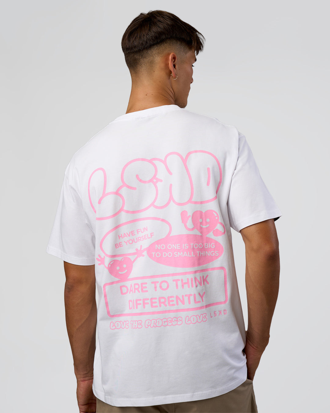 Man wearing Dare To Think FLXCotton Tee Oversize - White-Candy Pink | Model:Jackson | Size:L - view 2