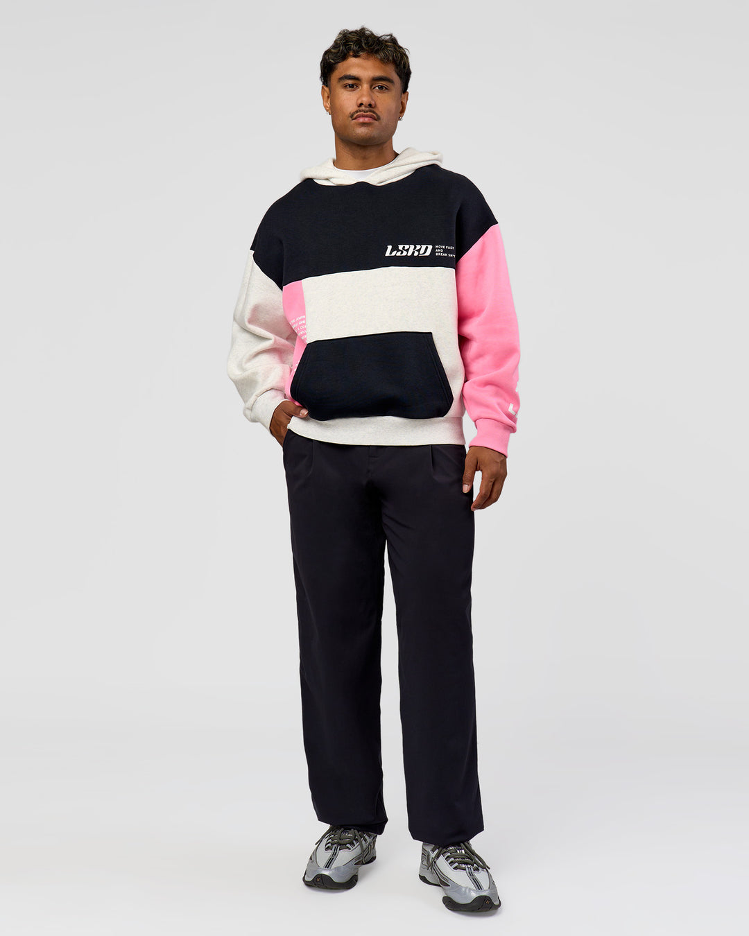Man wearing Deconstructed Fleece Hoodie - Caviar-Candy Pink-Grey Marl | Model:Xav | Size:L - view 12