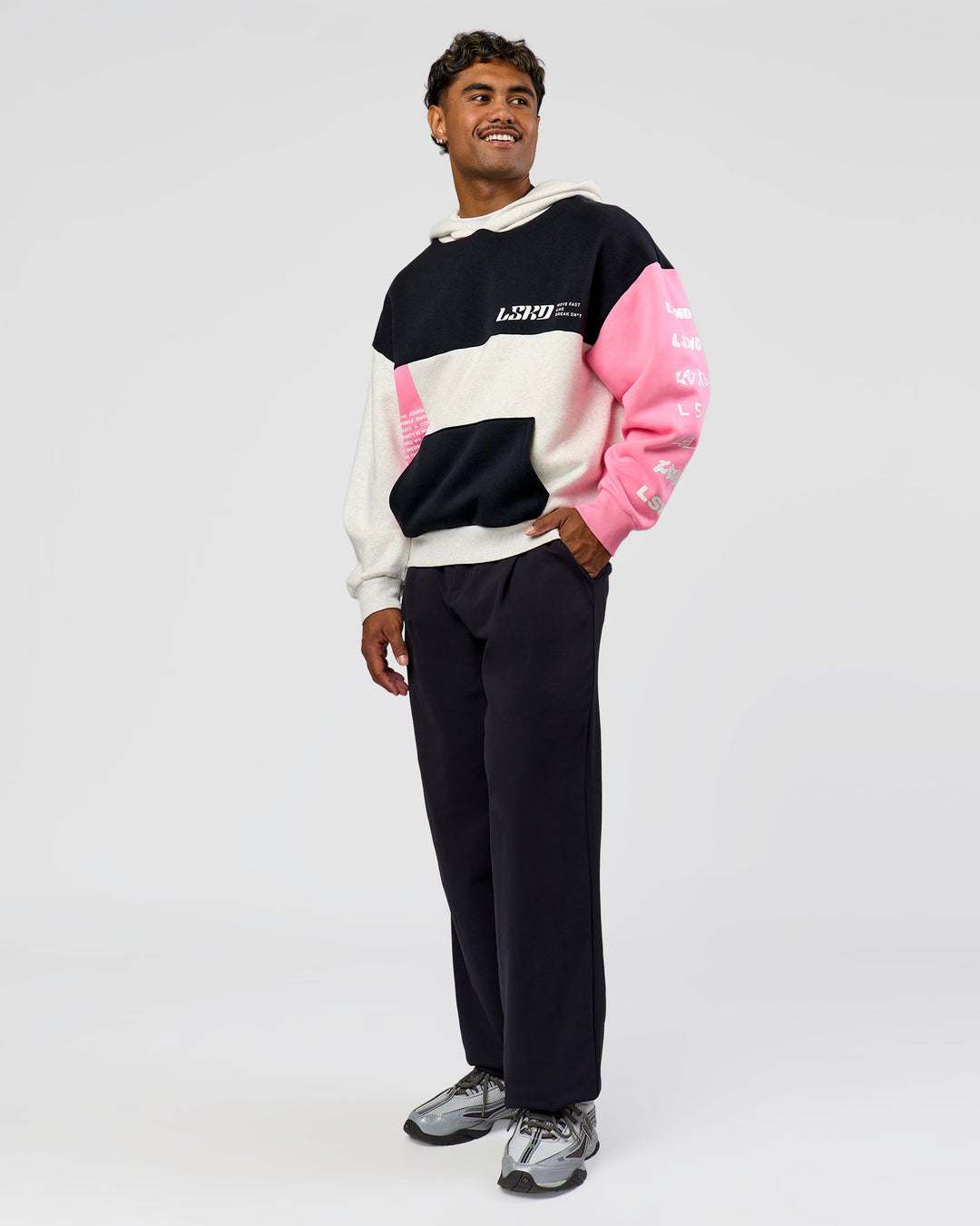 Man wearing Deconstructed Fleece Hoodie - Caviar-Candy Pink-Grey Marl | Model:Xav | Size:L - view 8