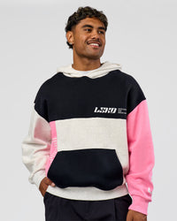 Man wearing Deconstructed Fleece Hoodie - Caviar-Candy Pink-Grey Marl | Model:Xav | Size:L | Thumbnail Index: 3