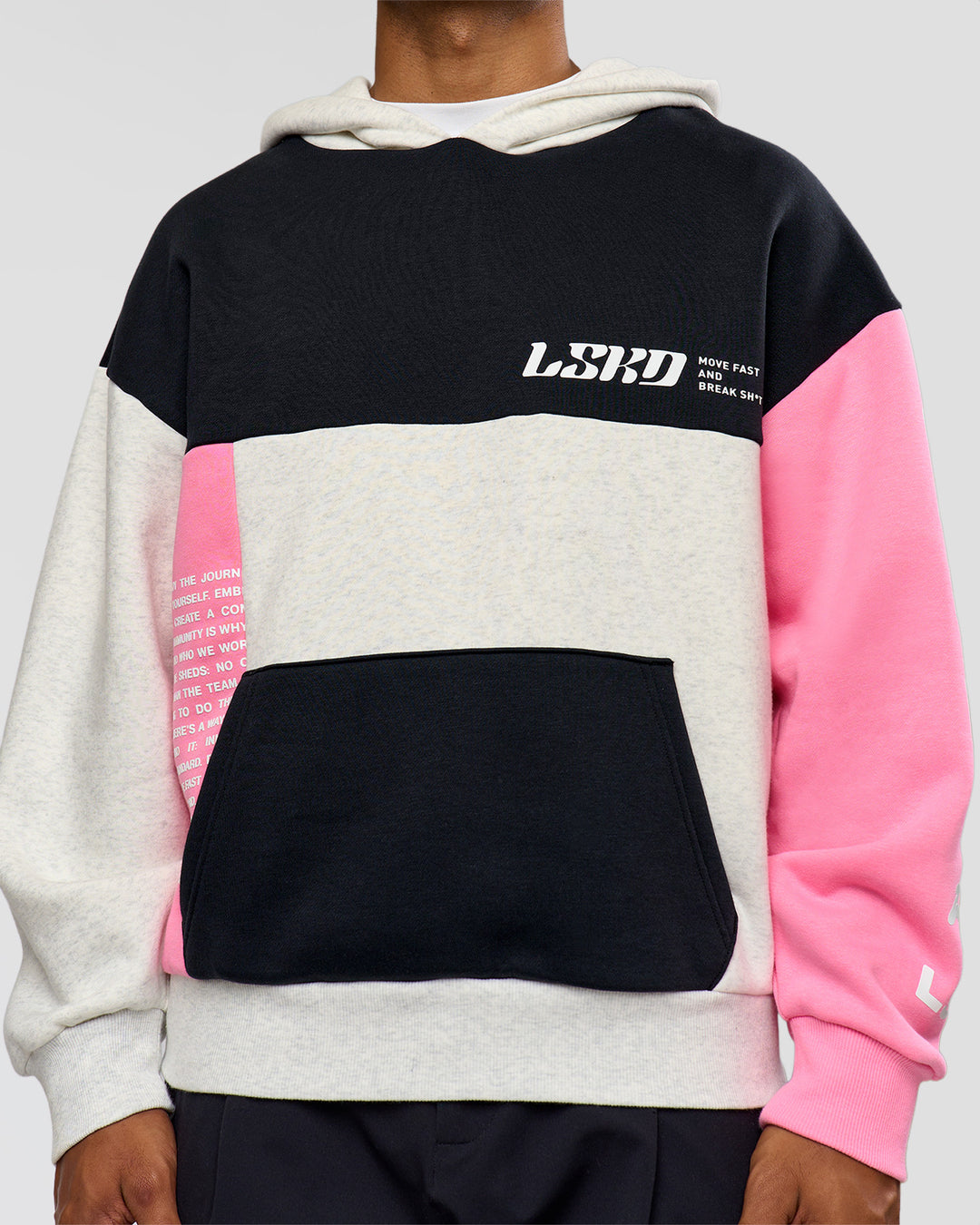 Man wearing Deconstructed Fleece Hoodie - Caviar-Candy Pink-Grey Marl | Model:Xav | Size:L - view 14