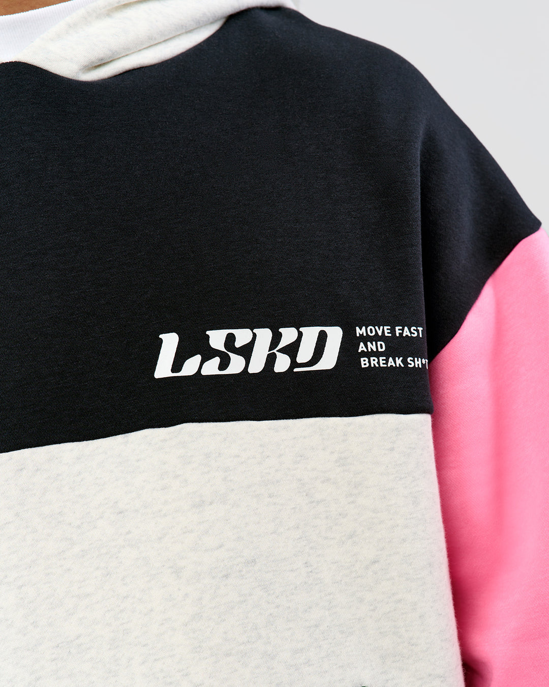 Man wearing Deconstructed Fleece Hoodie - Caviar-Candy Pink-Grey Marl | Model:Xav | Size:L - view 13