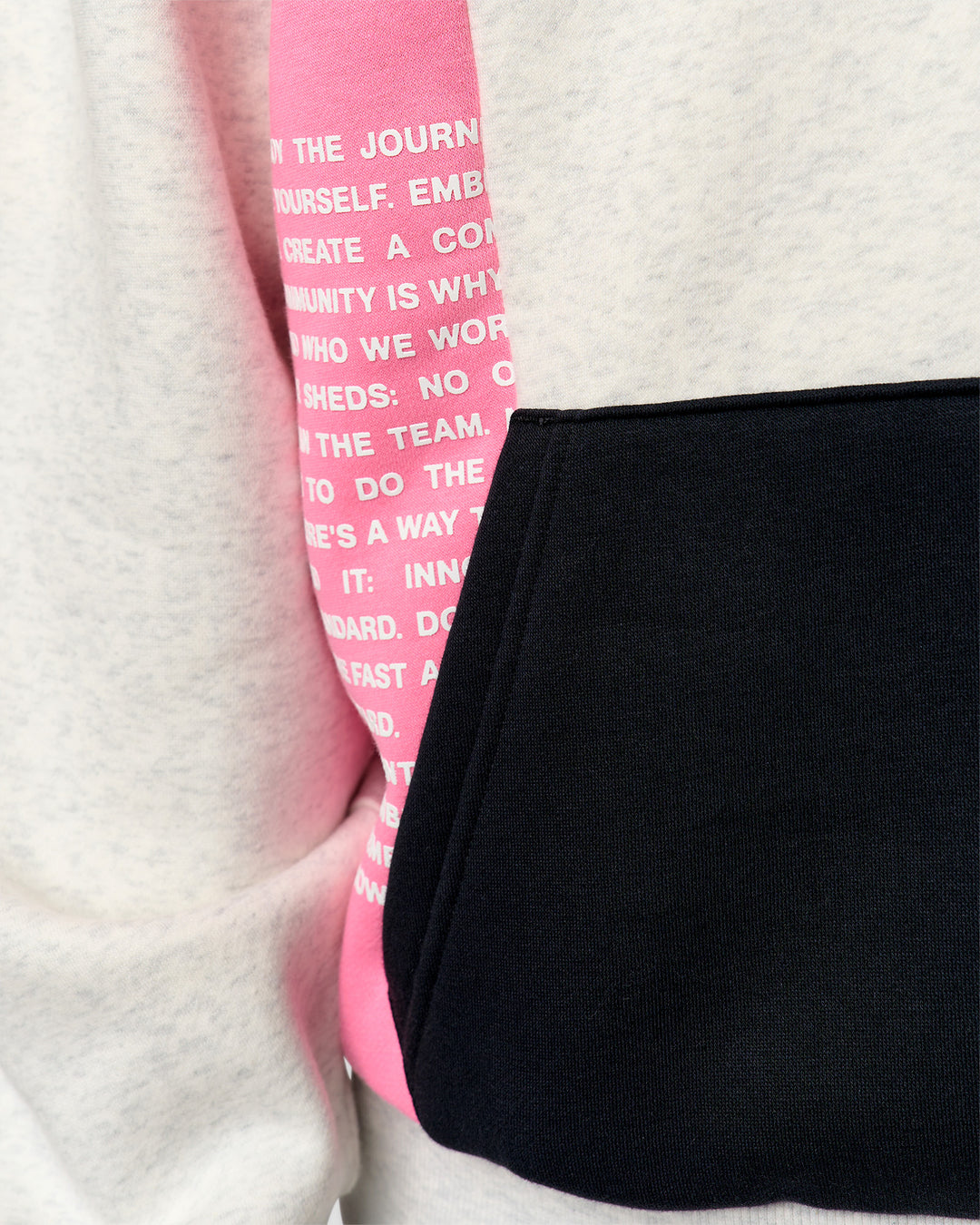 Man wearing Deconstructed Fleece Hoodie - Caviar-Candy Pink-Grey Marl | Model:Xav | Size:L - view 5