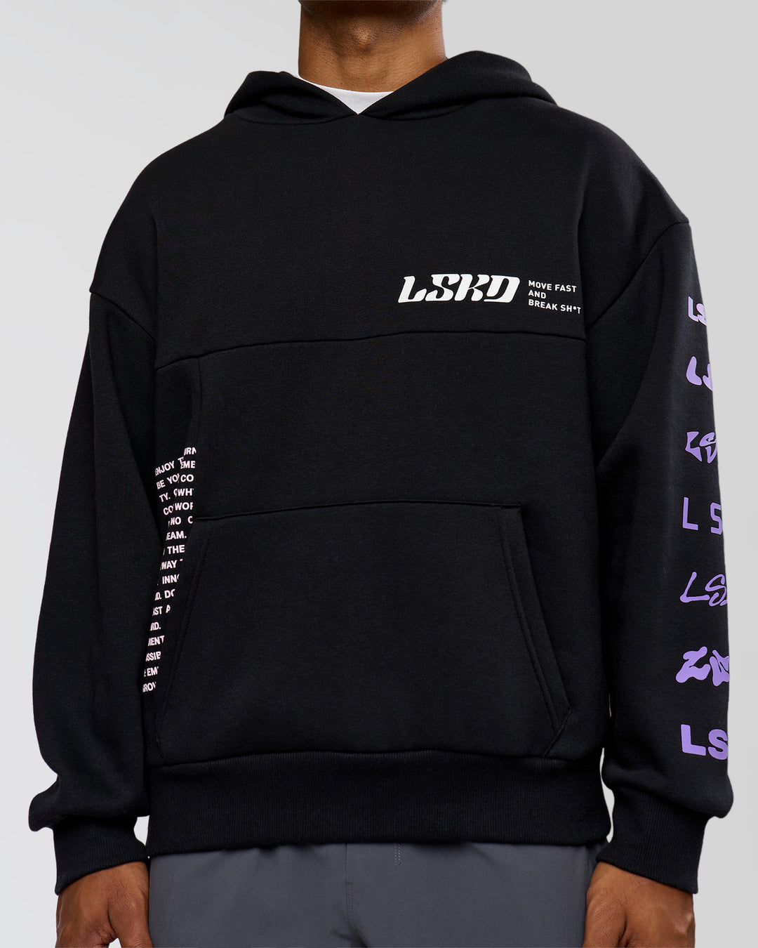 Man wearing Deconstructed Fleece Hoodie - Caviar-Marshmallow-Pale Lilac | Model:Xav | Size:L - view 14