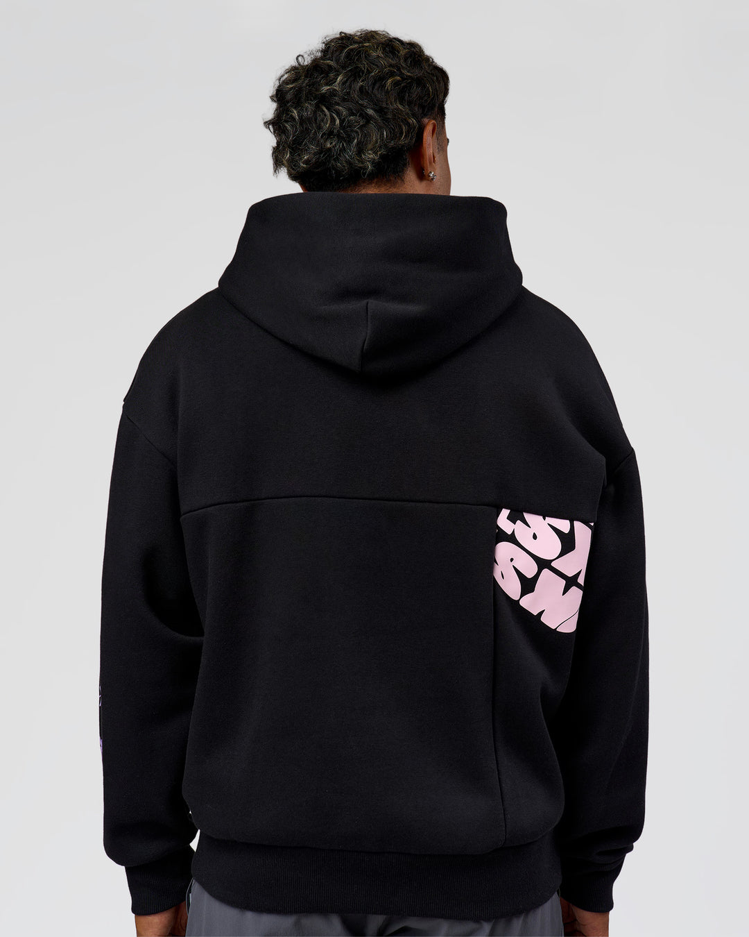 Man wearing Deconstructed Fleece Hoodie - Caviar-Marshmallow-Pale Lilac | Model:Xav | Size:L - view 10