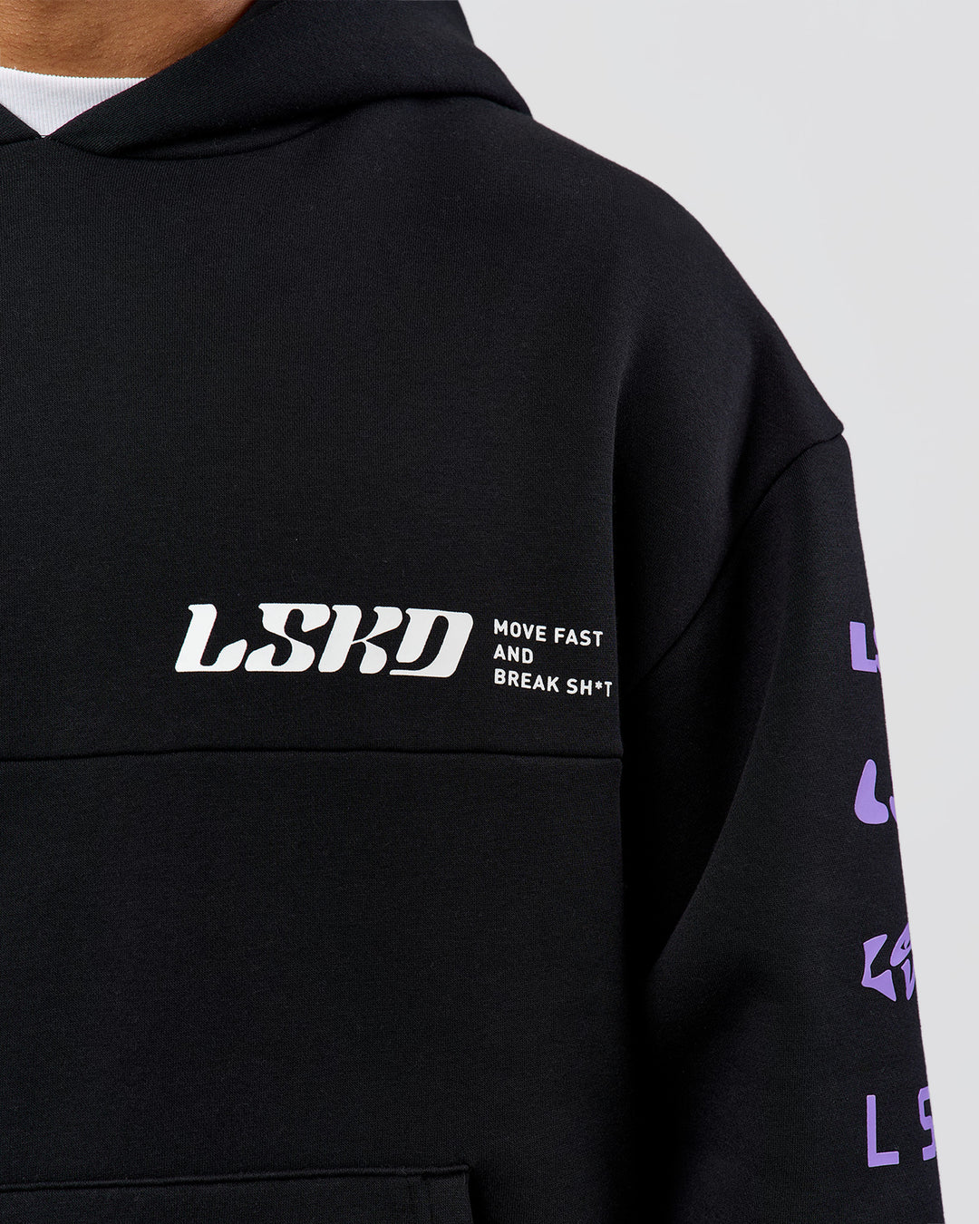 Man wearing Deconstructed Fleece Hoodie - Caviar-Marshmallow-Pale Lilac | Model:Xav | Size:L - view 13