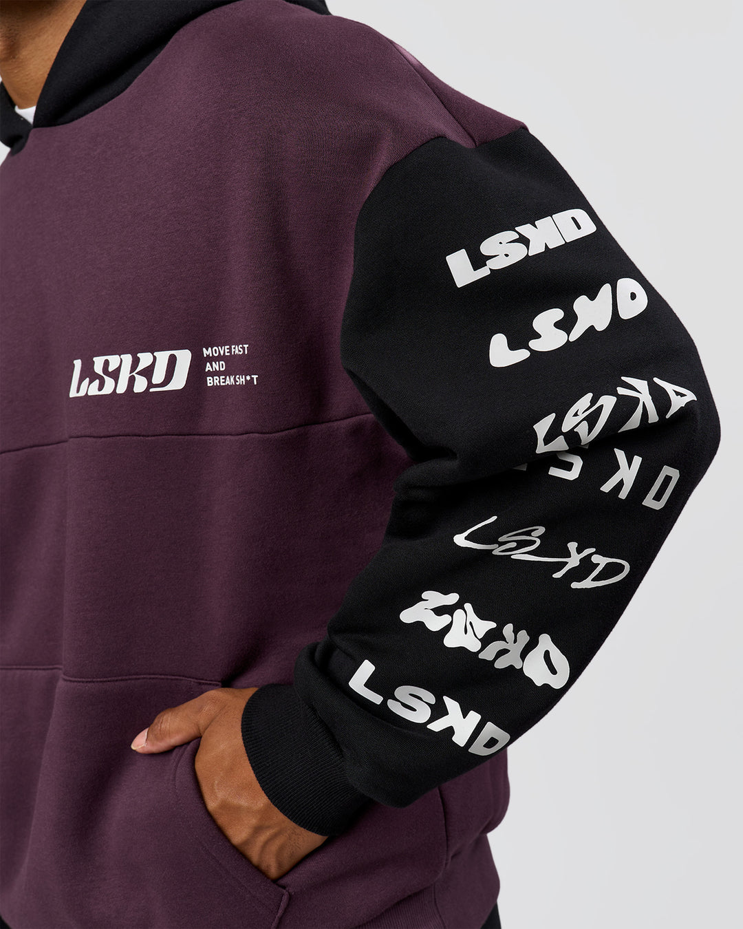 Man wearing Deconstructed Fleece Hoodie - Caviar-Midnight Plum | Model:Xav | Size:L - view 3