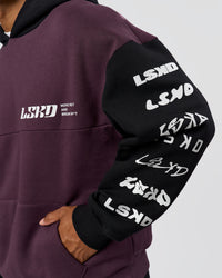 Man wearing Deconstructed Fleece Hoodie - Caviar-Midnight Plum | Model:Xav | Size:L | Thumbnail Index: 2