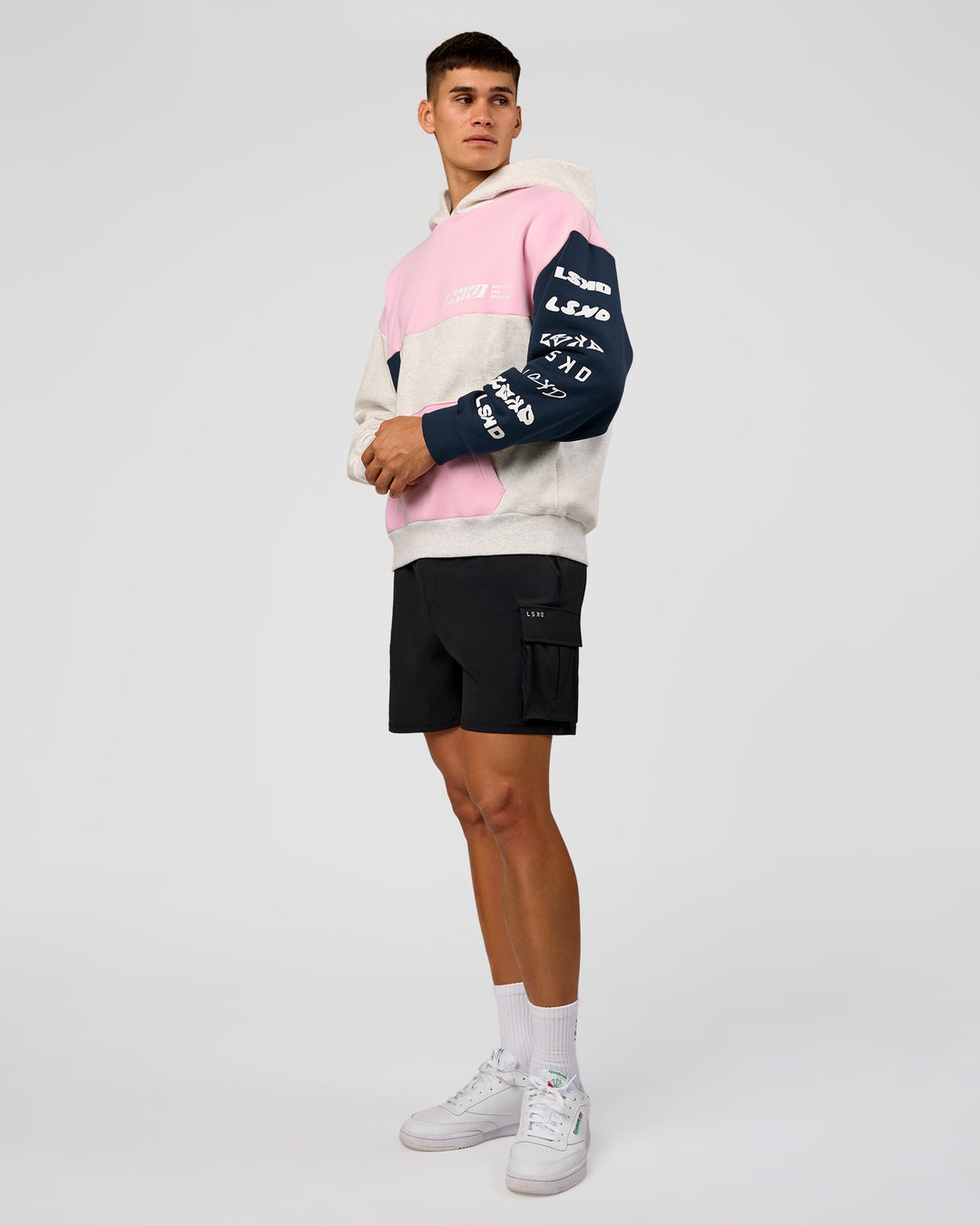 Man wearing Deconstructed Fleece Hoodie - Grey Marl-Marshmallow-Navy | Model:Jackson | Size:L - view 3