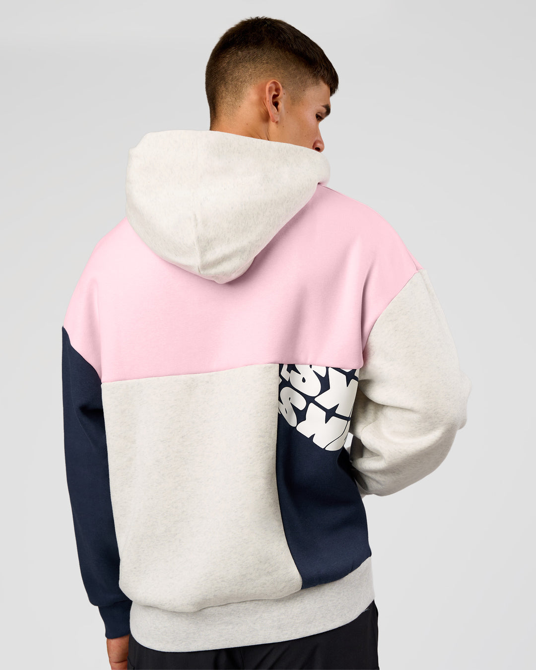 Man wearing Deconstructed Fleece Hoodie - Grey Marl-Marshmallow-Navy | Model:Jackson | Size:L - view 6