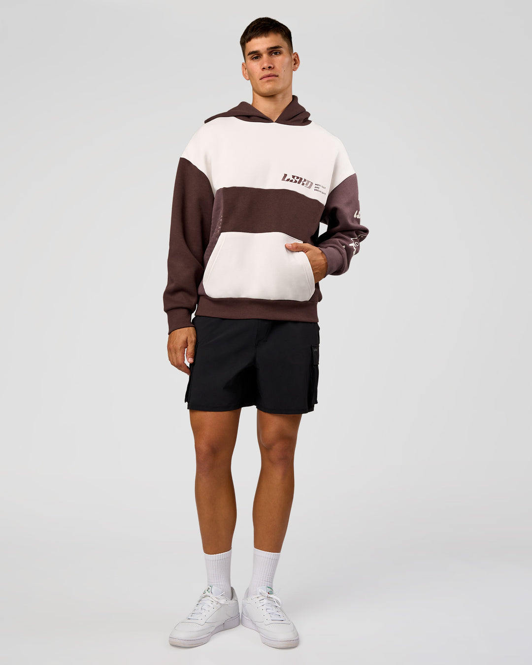 Man wearing Deconstructed Fleece Hoodie - Off White-Cocoa Powder-Choc | Model:Jackson | Size:L - view 7