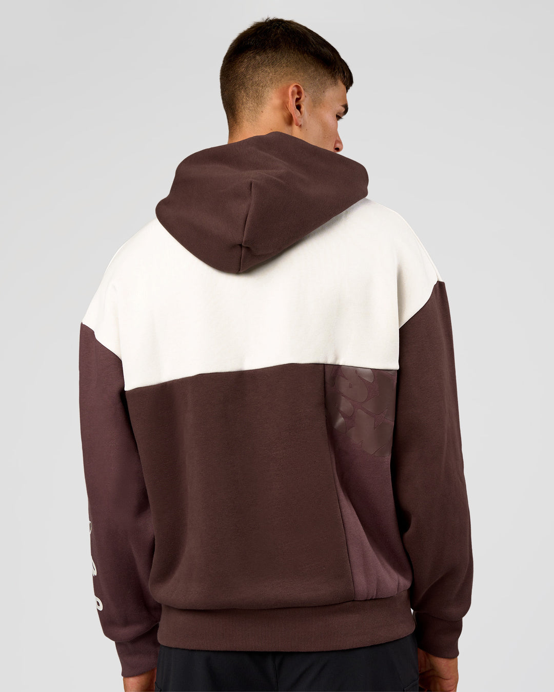 Man wearing Deconstructed Fleece Hoodie - Off White-Cocoa Powder-Choc | Model:Jackson | Size:L - view 6