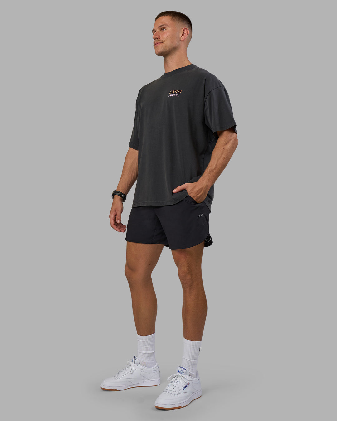 Man wearing Digital World Heavyweight Oversized Tee - Washed Black | Model:Nikola | Size:L - view 8