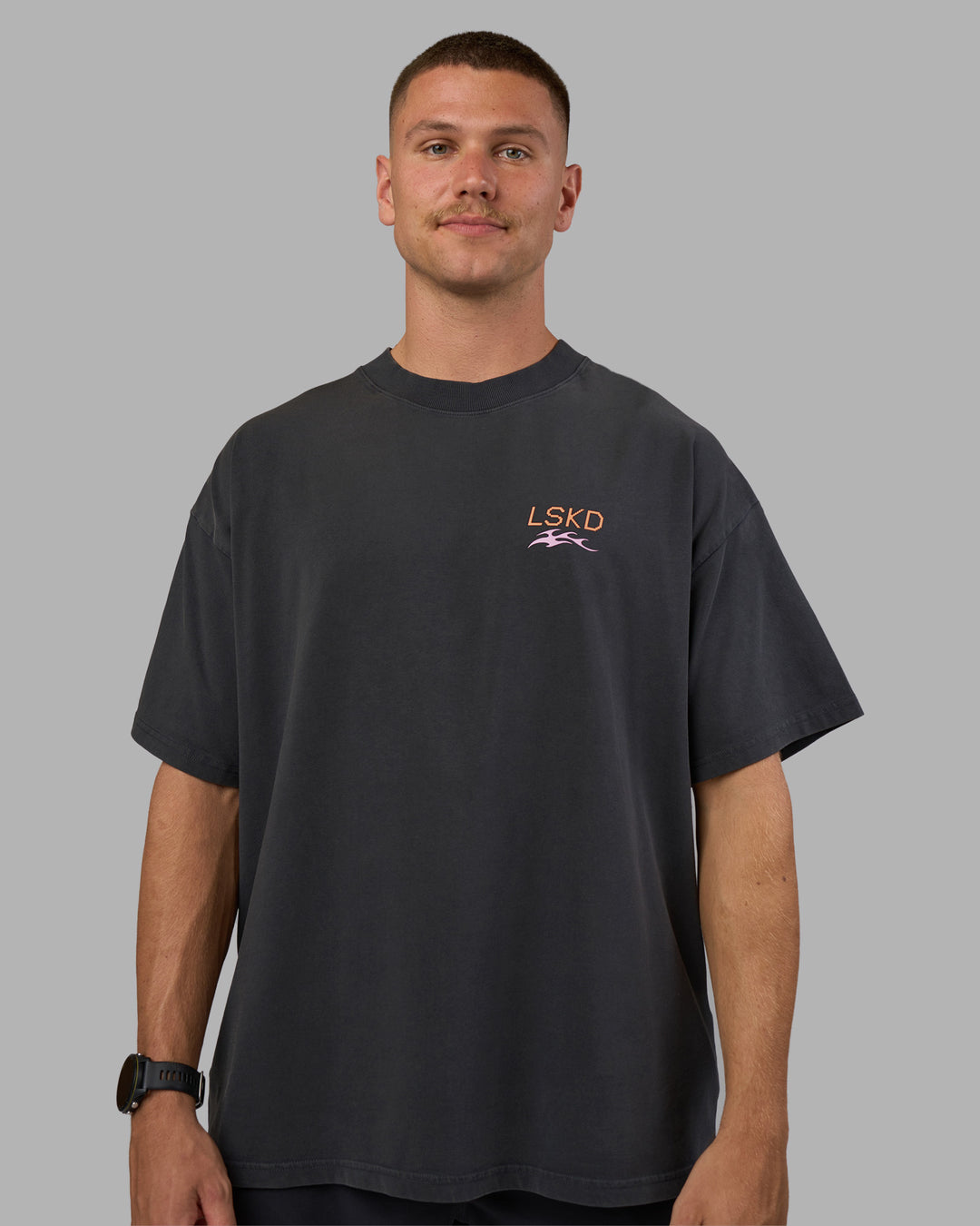 Man wearing Digital World Heavyweight Oversized Tee - Washed Black | Model:Nikola | Size:L - view 10