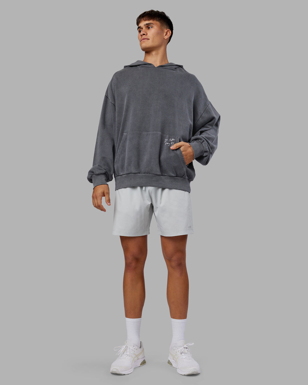 Man wearing ETJ Values Washed Unisex Oversize Hoodie - Dark Storm-Light Bubblegum | Model:Jackson | Size:L - view 9