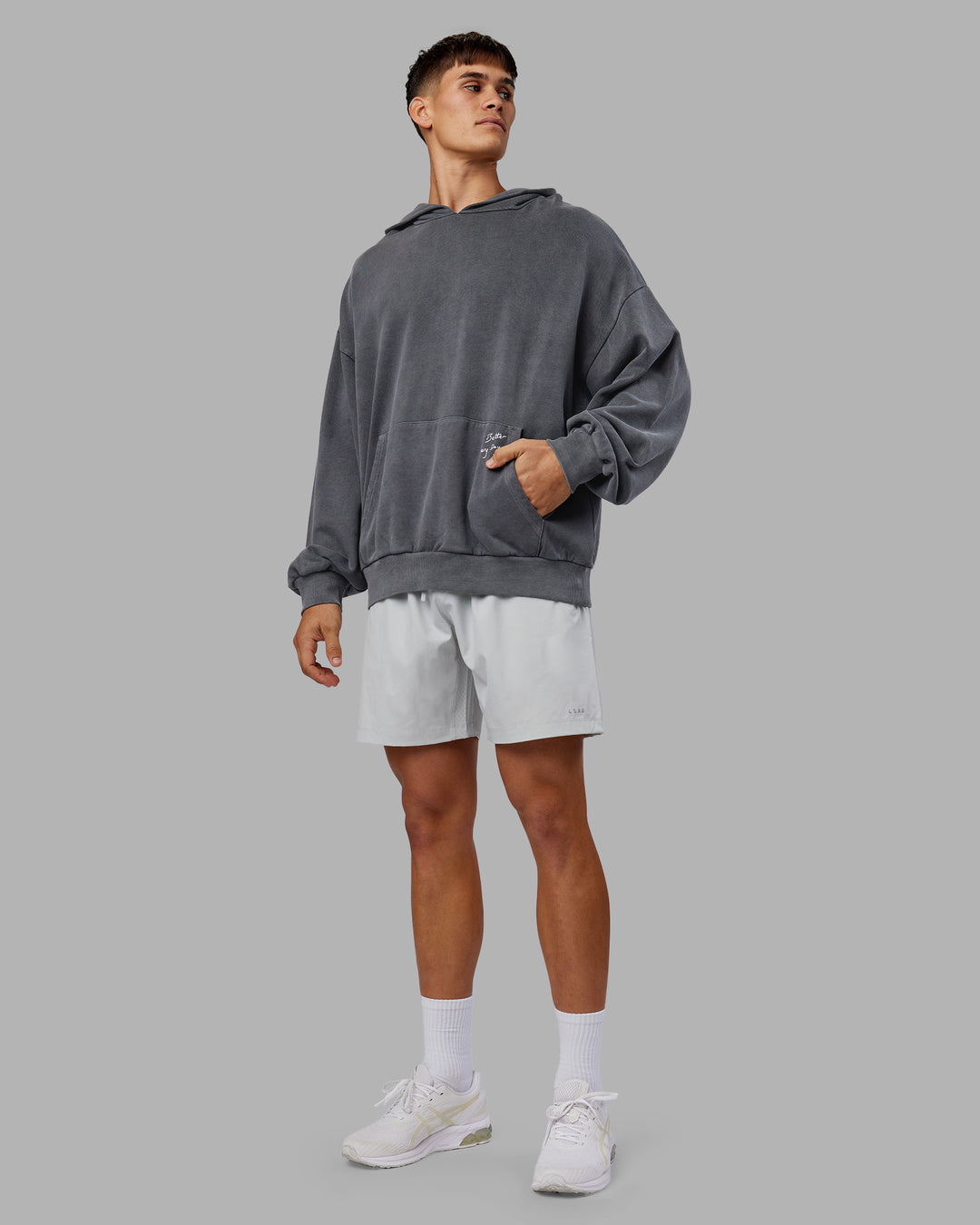 Man wearing ETJ Values Washed Unisex Oversize Hoodie - Dark Storm-Light Bubblegum | Model:Jackson | Size:L - view 5