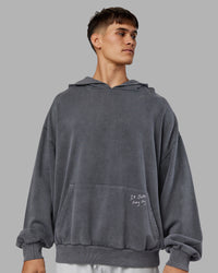 Man wearing ETJ Values Washed Unisex Oversize Hoodie - Dark Storm-Light Bubblegum | Model:Jackson | Size:L | Thumbnail Index: 2