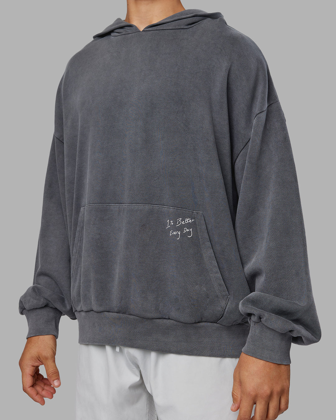 Man wearing ETJ Values Washed Unisex Oversize Hoodie - Dark Storm-Light Bubblegum | Model:Jackson | Size:L - view 8