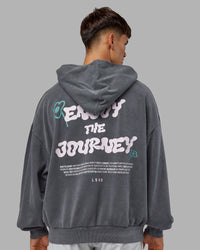 Man wearing ETJ Values Washed Unisex Oversize Hoodie - Dark Storm-Light Bubblegum | Model:Jackson | Size:L | Thumbnail Index: 0