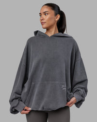 Woman wearing ETJ Values Washed Unisex Oversize Hoodie - Dark Storm-Light Bubblegum | Model:Rhiley | Size:L | Thumbnail Index: 3