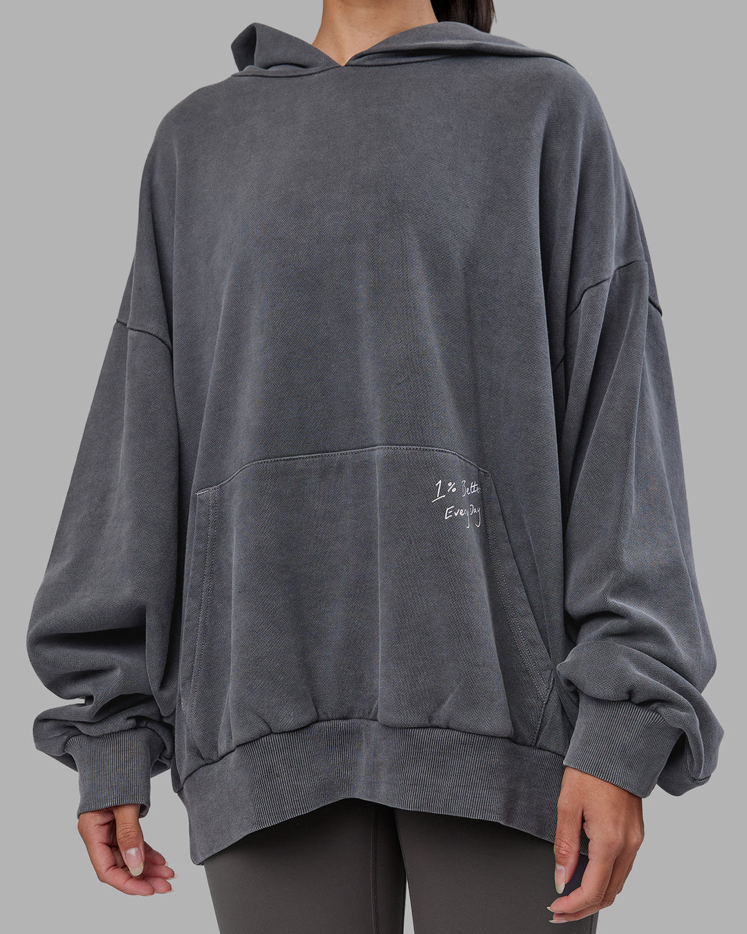 Woman wearing ETJ Values Washed Unisex Oversize Hoodie - Dark Storm-Light Bubblegum | Model:Rhiley | Size:L - view 6