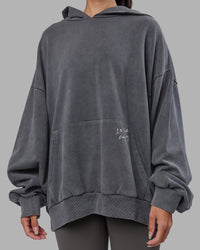Woman wearing ETJ Values Washed Unisex Oversize Hoodie - Dark Storm-Light Bubblegum | Model:Rhiley | Size:L | Thumbnail Index: 5