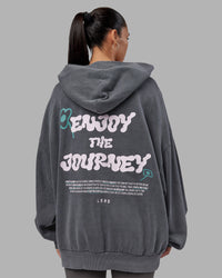 Woman wearing ETJ Values Washed Unisex Oversize Hoodie - Dark Storm-Light Bubblegum | Model:Rhiley | Size:L | Thumbnail Index: 6