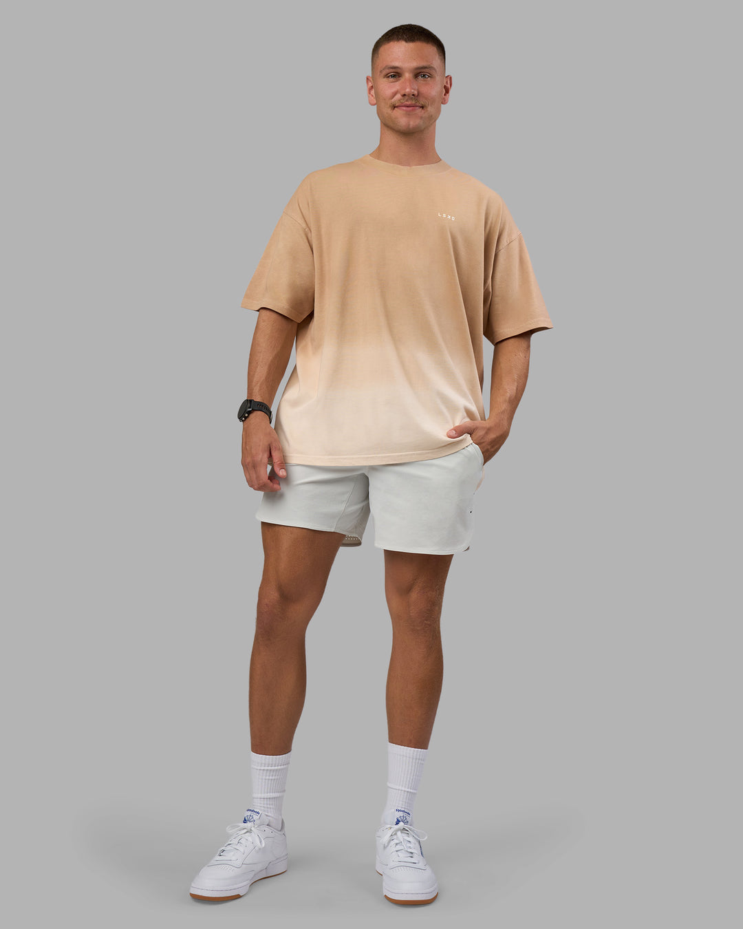 Man wearing Faded Heavyweight Oversized Tee - Warm Smoke-White | Model:Nikola | Size:L - view 5