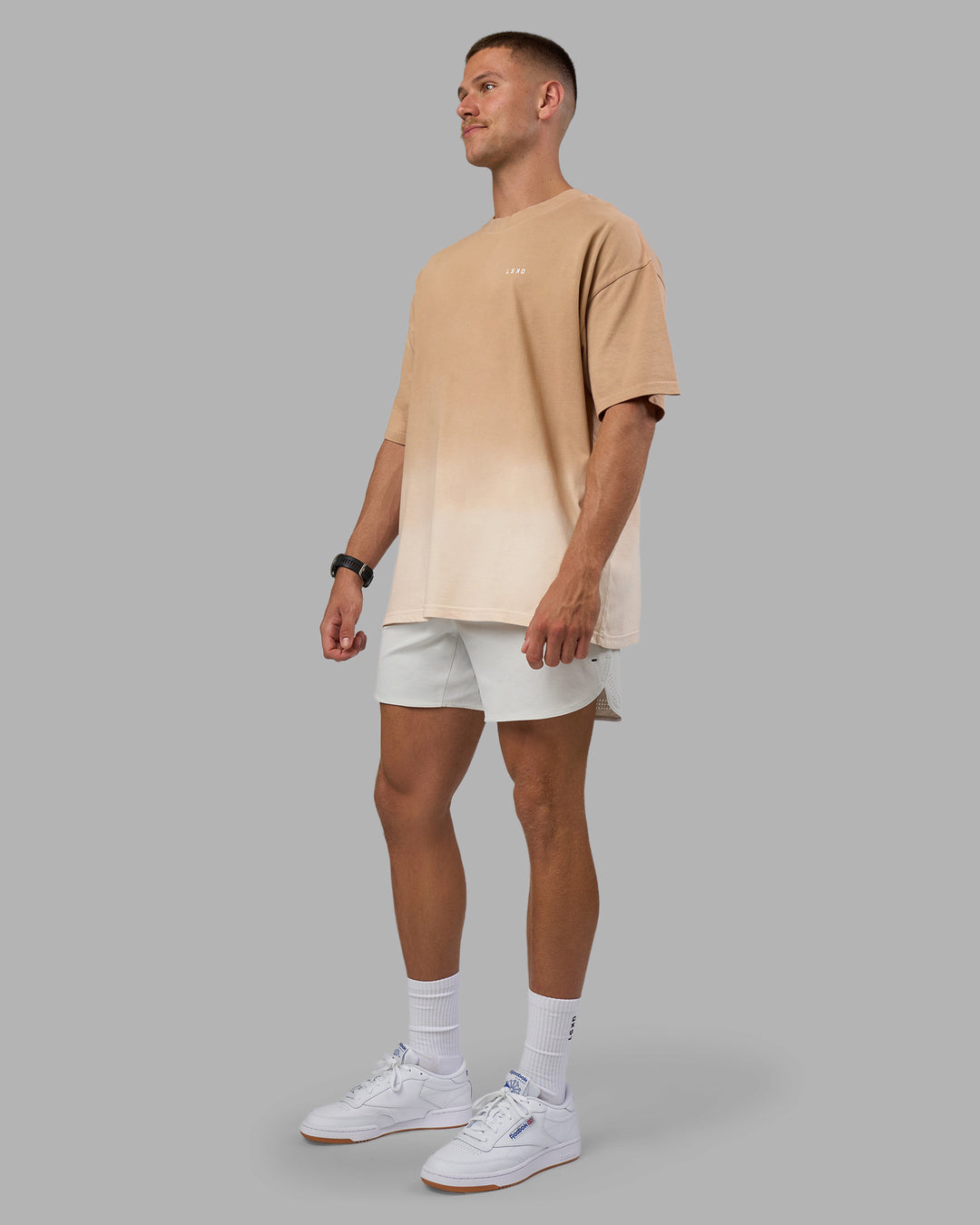 Man wearing Faded Heavyweight Oversized Tee - Warm Smoke-White | Model:Nikola | Size:L - view 8