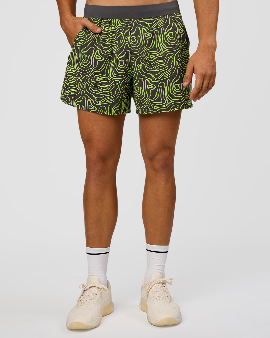 Man wearing Functional Training 5" Short - Friction Print Hyper Green | Model:Jackson | Size:L - view 6