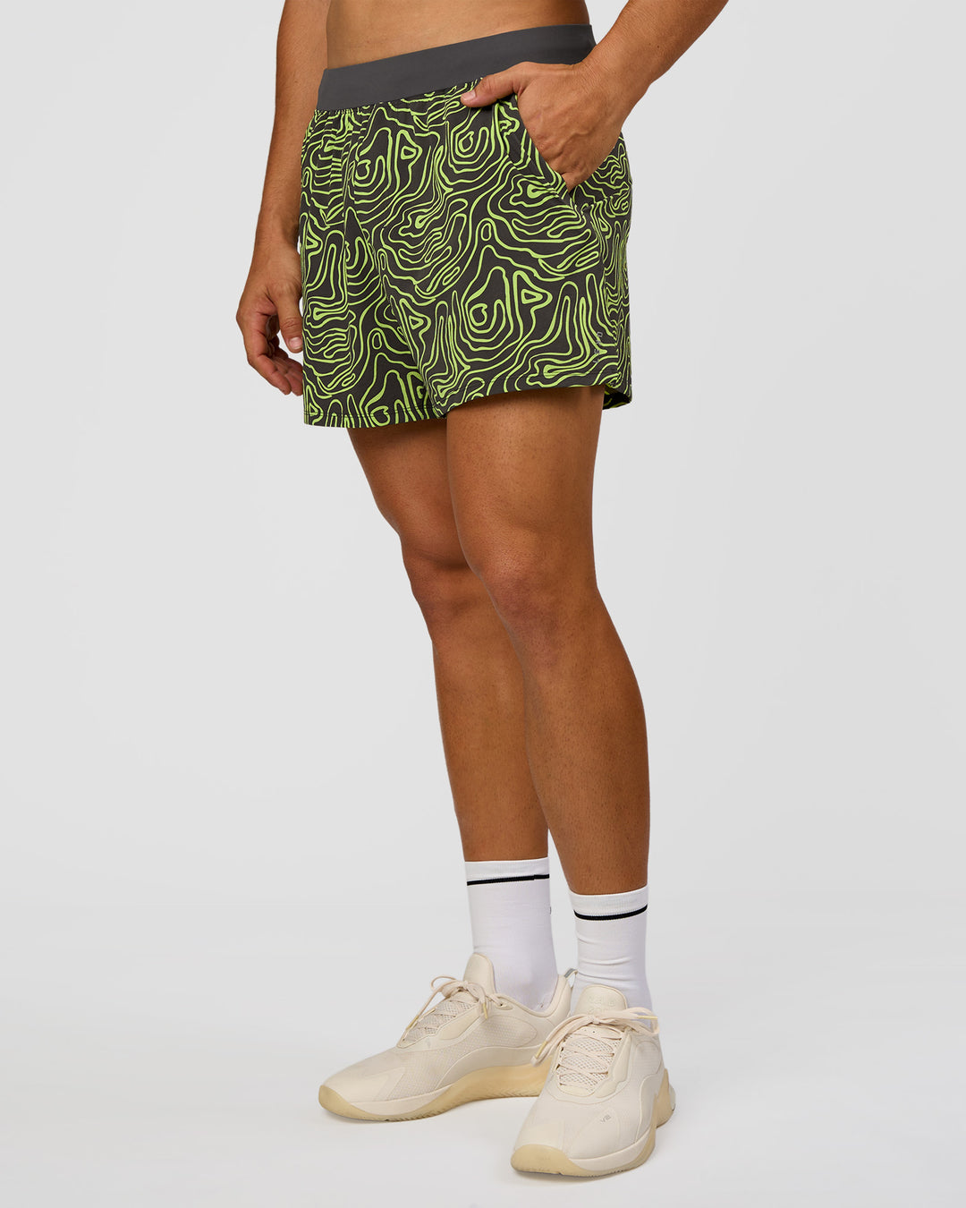 Man wearing Functional Training 5" Short - Friction Print Hyper Green | Model:Jackson | Size:L - view 1