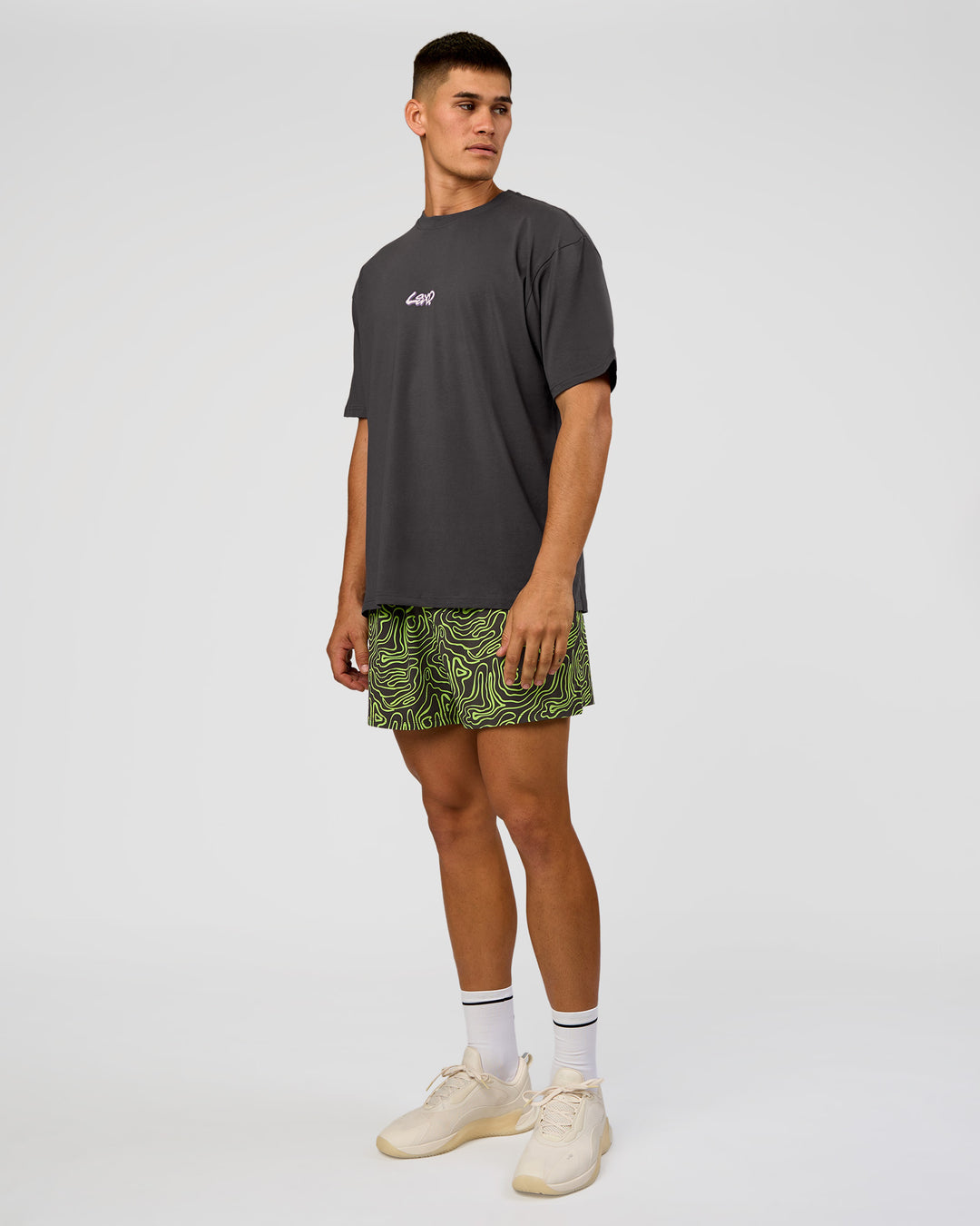 Man wearing Functional Training 5" Short - Friction Print Hyper Green | Model:Jackson | Size:L - view 5