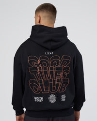 Man wearing GTC CVC Fleece Unisex Oversized Hoodie - Black-Cantaloupe | Model:Nikola | Size:L | Thumbnail Index: 3