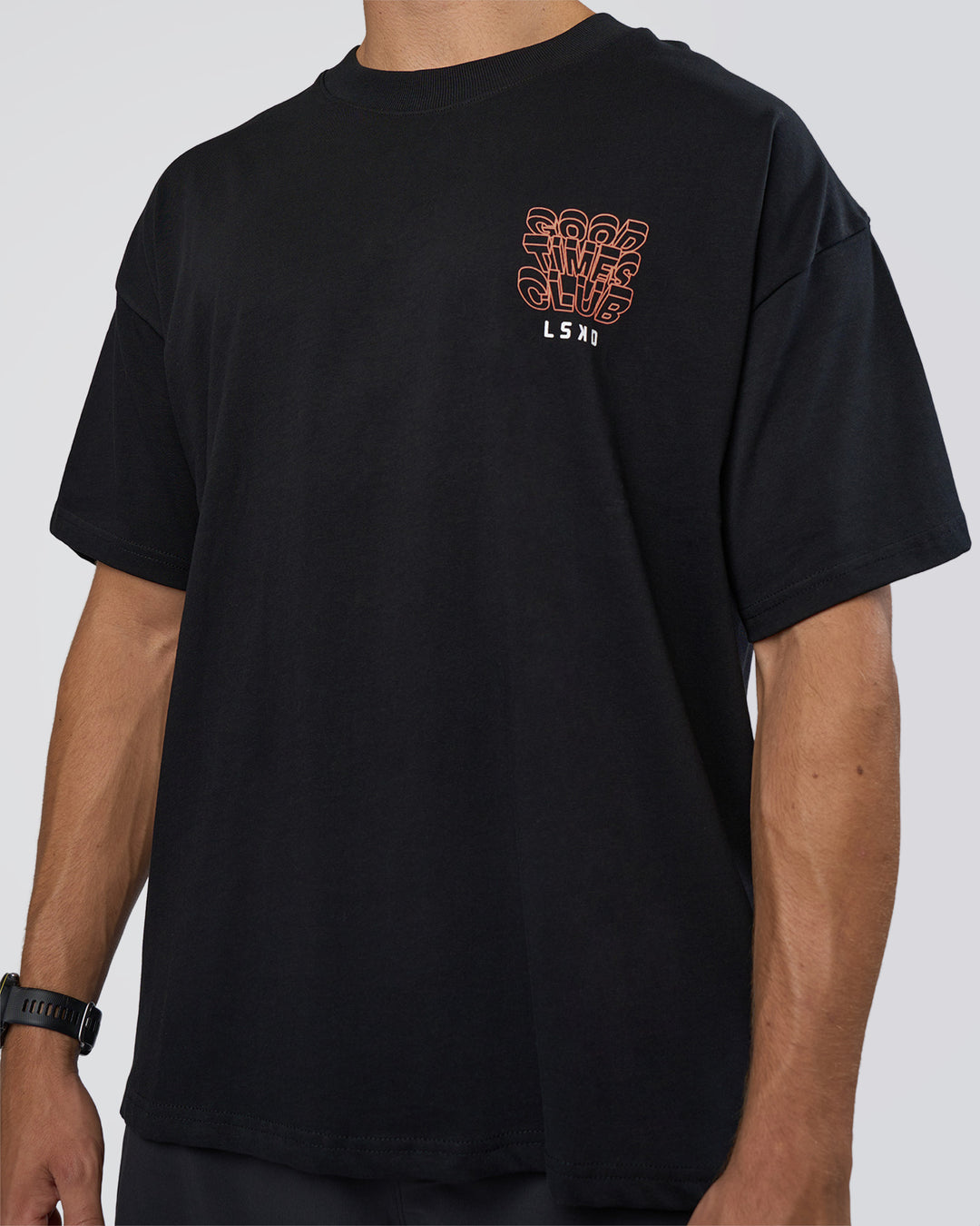 Man wearing GTC Heavyweight Oversized Tee - Black-Cantaloupe | Model:Nikola | Size:L - view 8